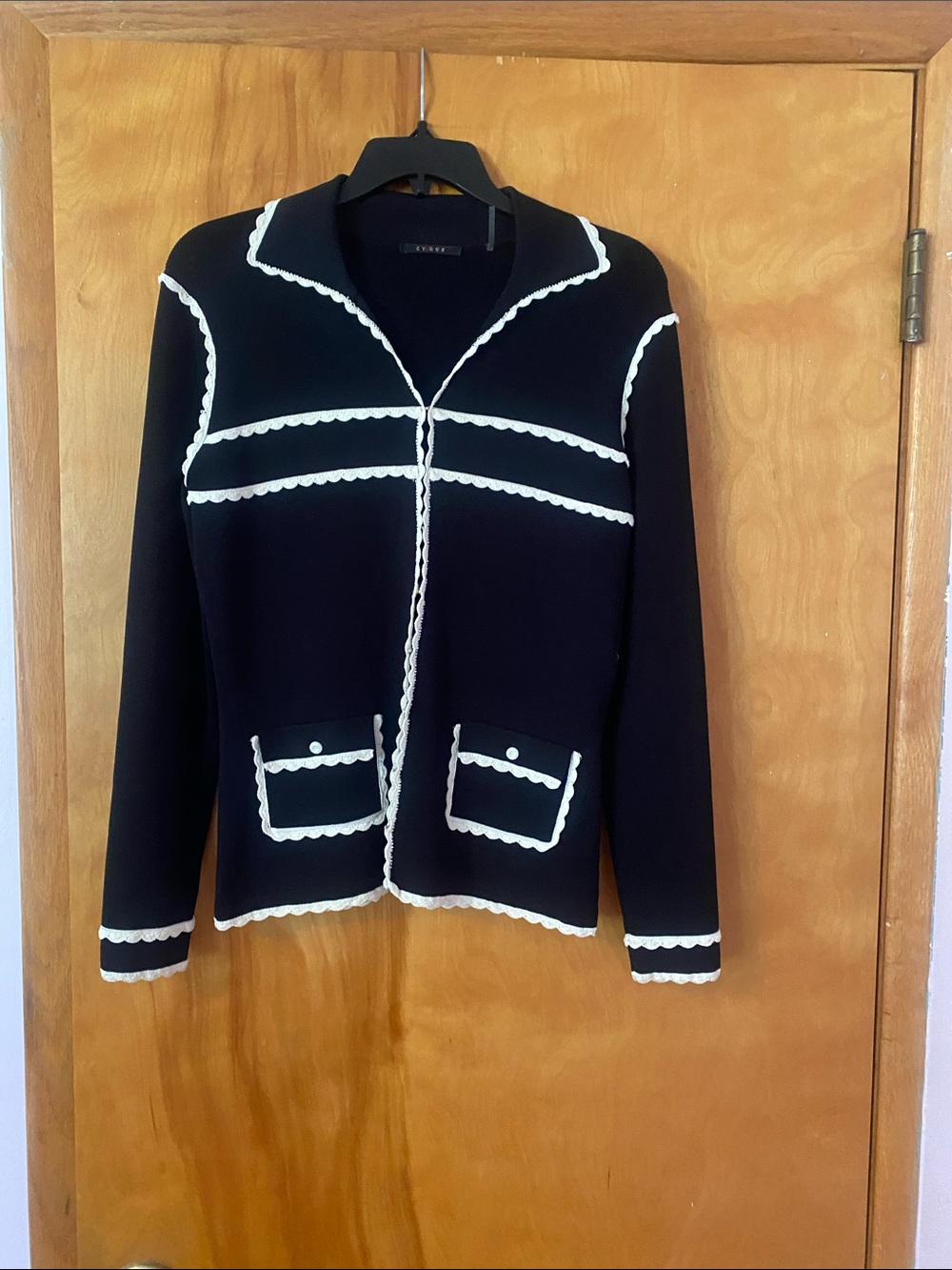 Cyrus Black Knit Jacket with White Scallop Trim